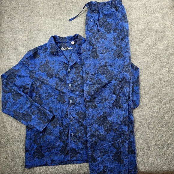 Robert Graham L Royal Blue Black Paisley Cotton Button Up Pajama Shirt Pants Set